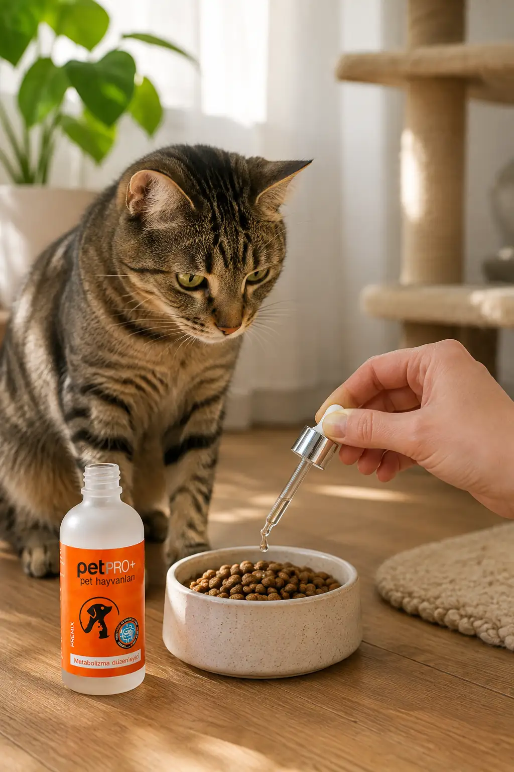 Kedisine PetPro+ probiyotik damla veren sahibi