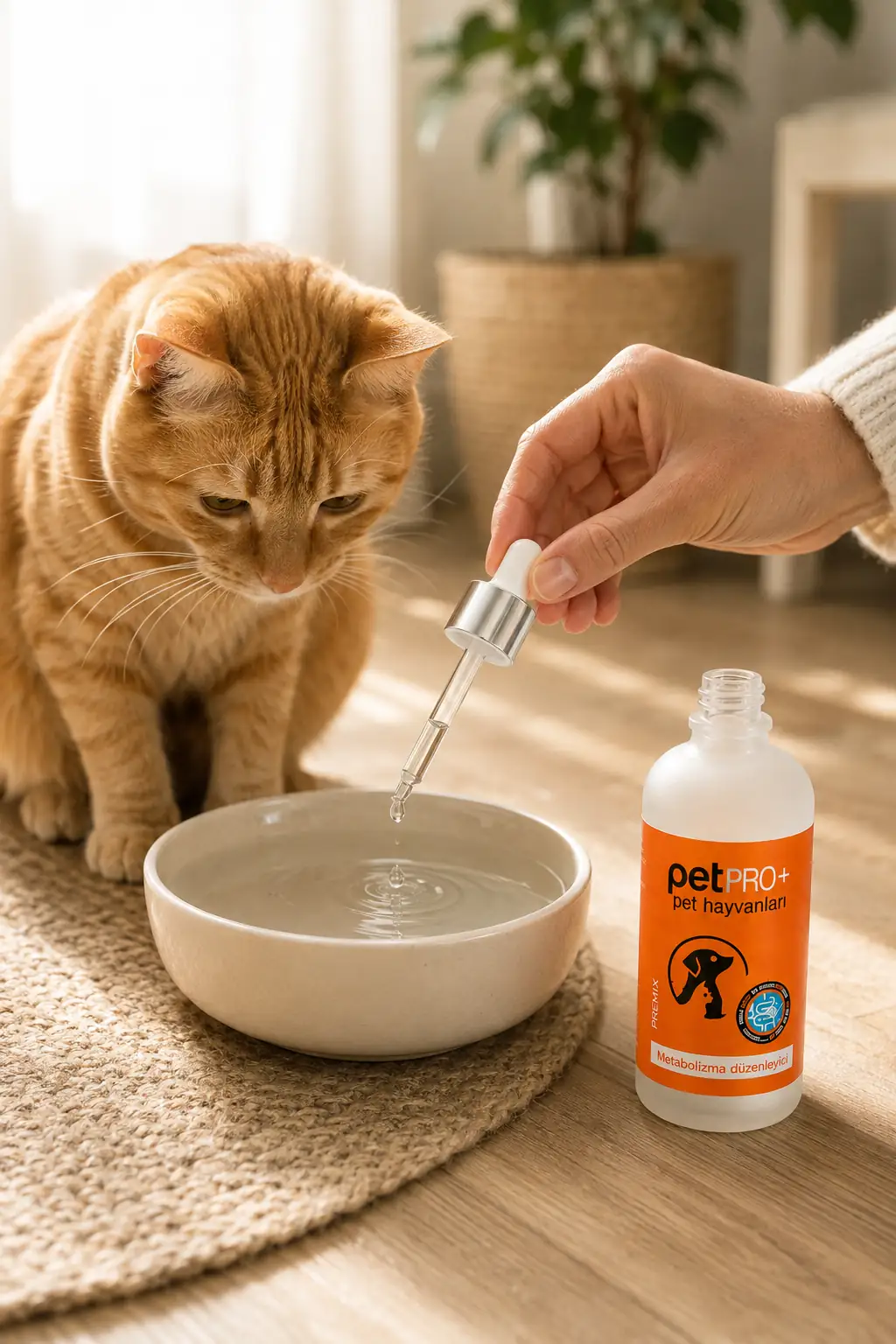 PetPro+ probiyotik damla kedinin suyuna ekleniyor